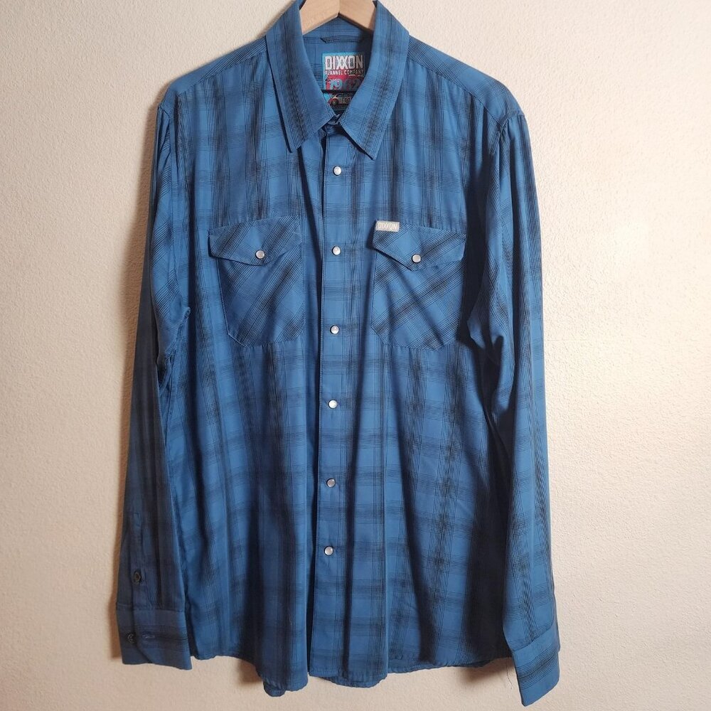 Dixxon Flannel Company Shirt Mens XL 1962 Blue Plaid Pearl Snap Bamboo Blend